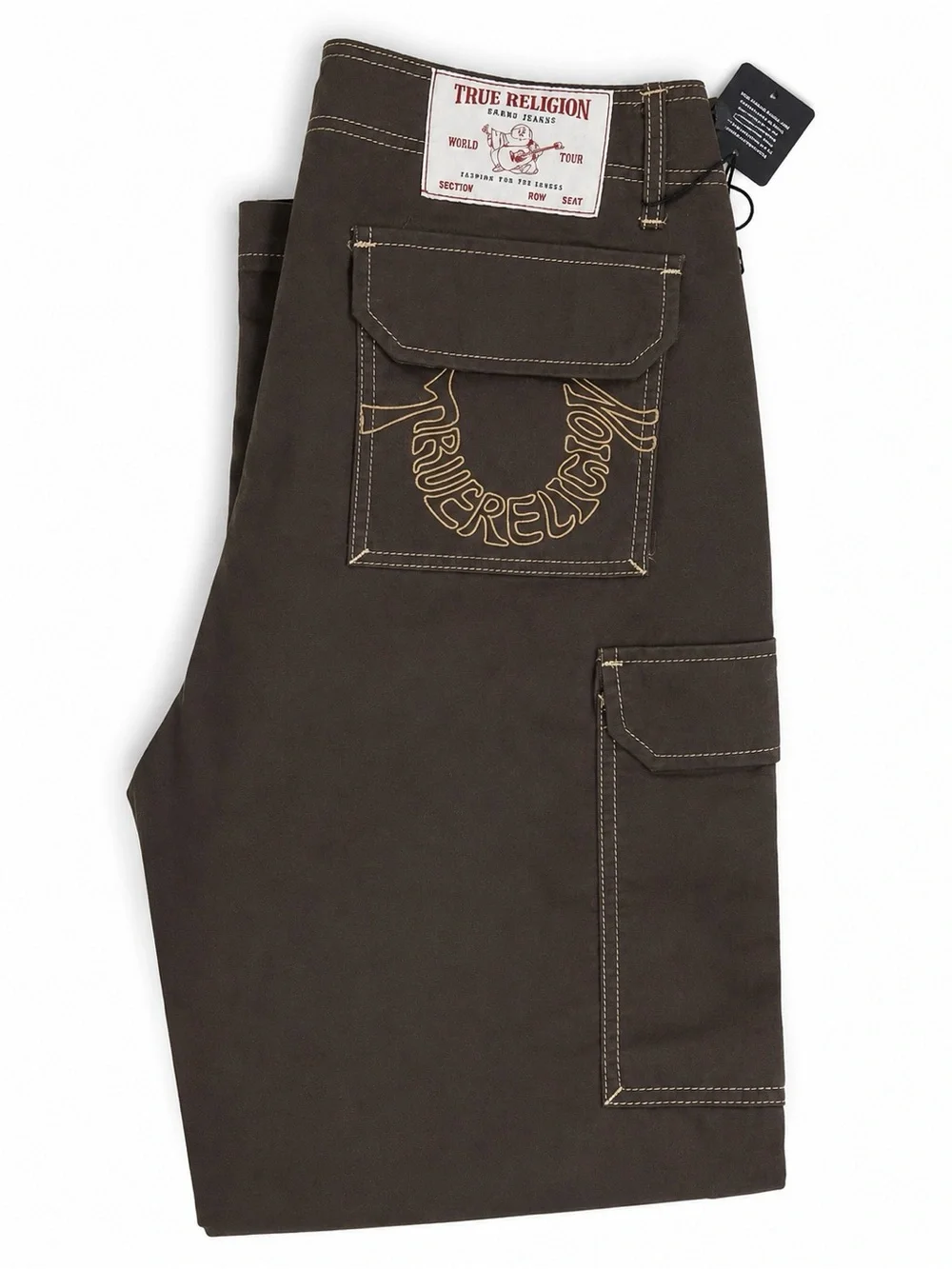 True Religion Olive Brown Cargo Shorts with Tan Stitching